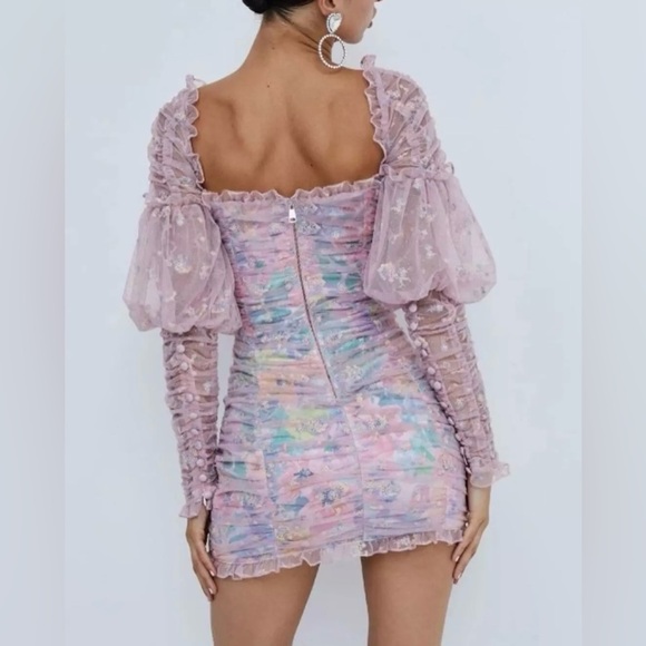 For Love & Lemons Imani Embroidered Mesh Shimmer Ruched Mini Dress Size M NWT - Picture 9 of 15